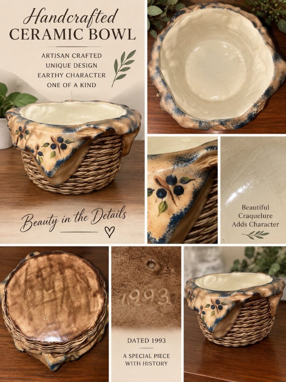 1993 Handcrafted Ceramic Basket Bowl Blueberry Rustic Woven Pottery Planter